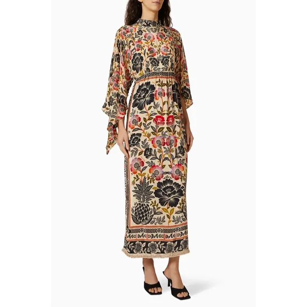 Farm Rio Romantic Garden Tie Sleeve Floral Print Fringed Mock Neck Maxi Dress M - Image 2
