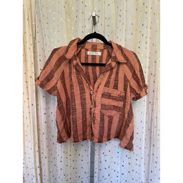 Free People We The Free Away At Sea Frayed Hem Button Down Striped Top M - Image 2