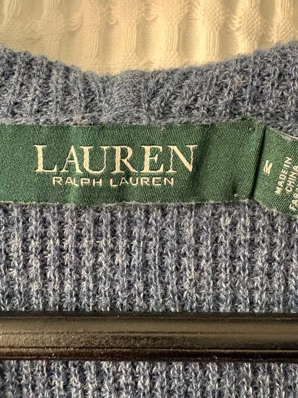 Lauren Ralph Lauren chambray blue gray hooded pullover waffle weave sweater MED - Image 5