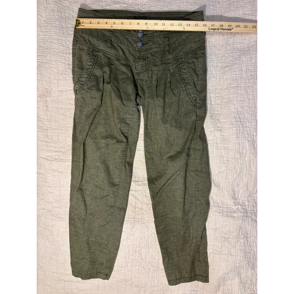 Prana Olive Green Linen Blend High Waisted Triple Button Crop Pants Size 8 - Image 2