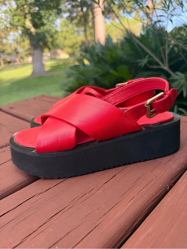 Maeve Anthropologie Red Leather Cross Strap Platform Sandals Size 6.5 $140 - Image 5