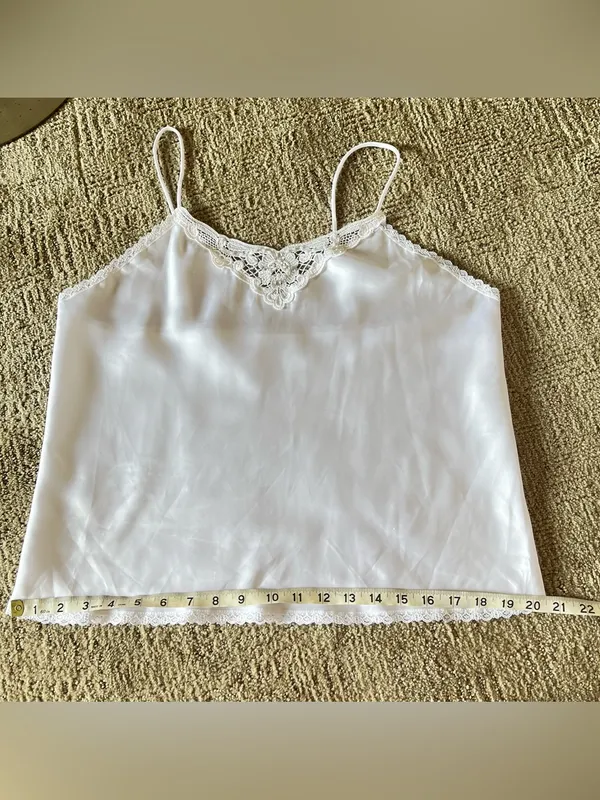 Vintage body chic White Lace Trim bejeweled pearl detail Satin Camisole - Image 7