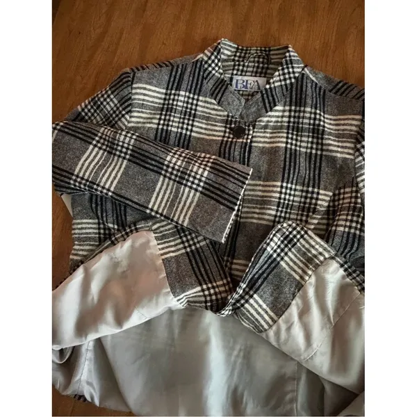 Vintage 90s Plaid Wool Blend Jacket Gray Black Cream Minimalist Coat - Image 8