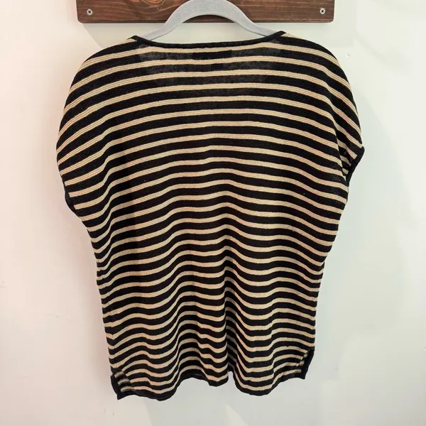 Lauren Ralph Lauren Womens XL Black Tan Striped 100% Linen‎ V-Neck Knit Top - Image 3