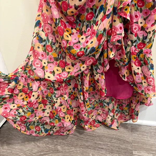 ASTR The Label Vilma Floral Ruched Ruffle Midi Dress‎ Pink Multi Large Preppy - Image 7