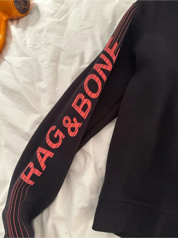 Rag & Bone Black Crewneck Sweatshirt with Red Sleeve Text - Image 3