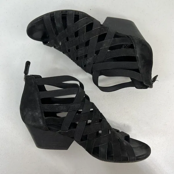 Eileen Fisher 6 Oodle Black Criss Cross Sandal Wedge Nubuck Leather Stacked Heel - Image 4