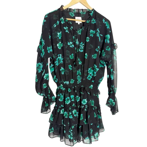 MISA Lolita Black Green Floral Print Long Sleeve V-Neck Ruffled Mini Dress Small - Image 2