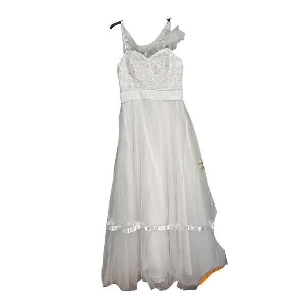 White Tulle Wedding Dress Sequin Pearl Embroidered Bodice Beach Bridal Gown - Image 8