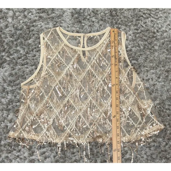 Women’s Sequin Fringe Crop Top Sheer Mesh Party Festival Shirt Approx Size S - Image 8