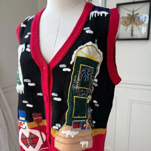 Vintage OHI Christmas Appliqué Embroidered Button Front Sweater Vest S - Image 5