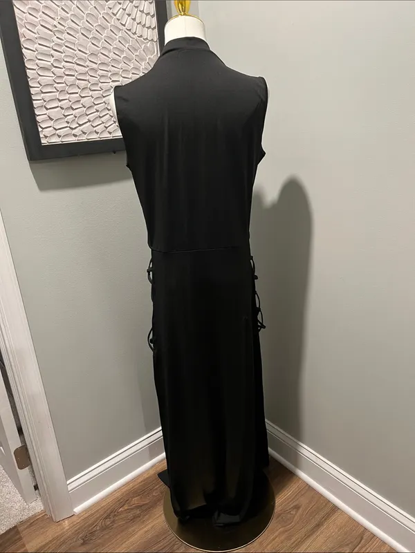 Sleeveless Black Maxi Dress with Cowl Neck and Side Lace-Up - Image 3