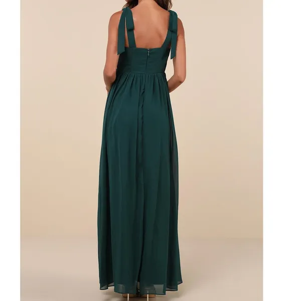 Lulus NWOT Radiant Charisma Emerald Chiffon Ruched Tie-Strap Maxi Dress Medium - Image 6