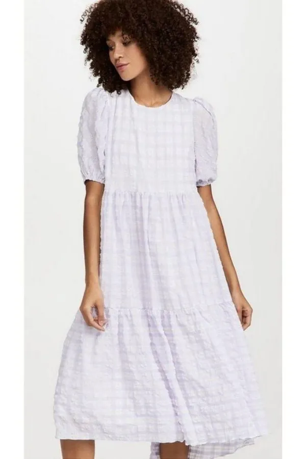 💕ENGLISH FACTORY💕 Tiered Gingham Seersucker Maxi Dress ~ Lavender Medium M NWT - Image 5