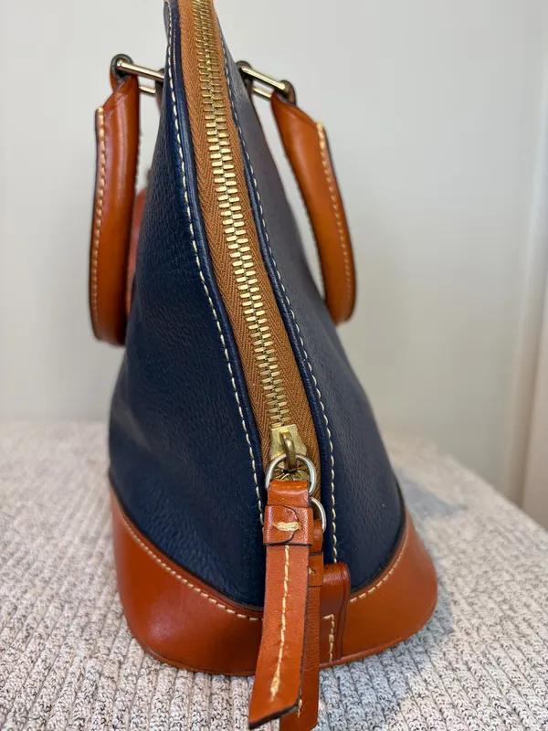 Dooney & Bourke Pebbled Leather Dome Satchel Bag Navy Blue Brown Trim - Image 11