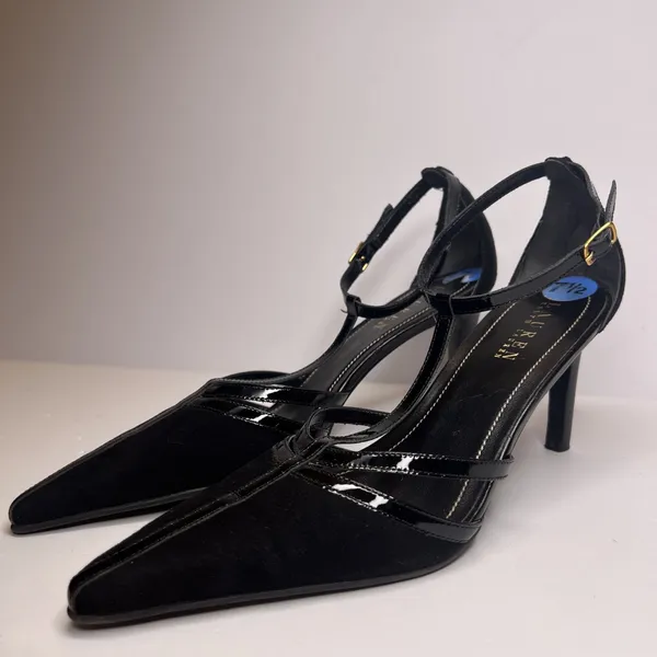 Vintage Y2K Lauren Ralph Lauren Winona Heels 7.5B Black T Strap Pointed Toe - Image 6