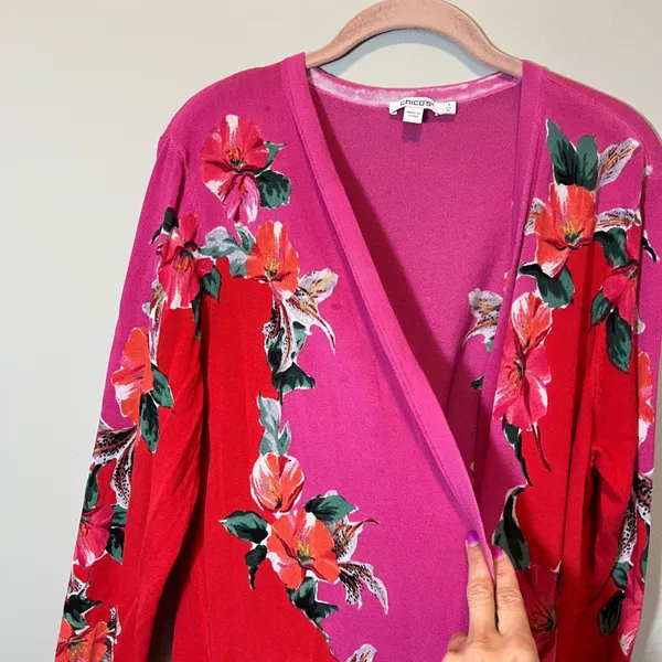 Chico's Floral Colorblock Open Front Cardigan Pink Red Longline Sweater XL‎ - Image 2