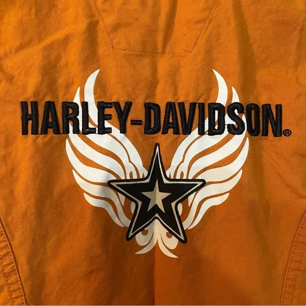 Harley Davidson Moto Sleeveless Orange Button Down Shirt Size Small - Image 7