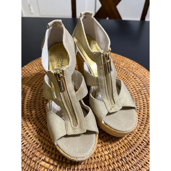 Michael Michael Kors Gold‎ Espadrille Wedge Sandals Front Zip Womens 7M PW13K - Image 2