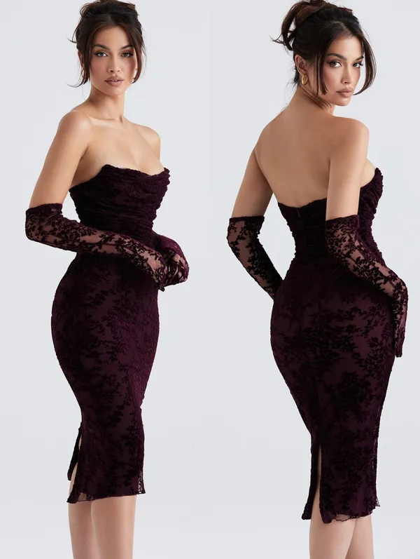 House Of CB Isadora Brown Cherry Devore Corset Dress - Image 2