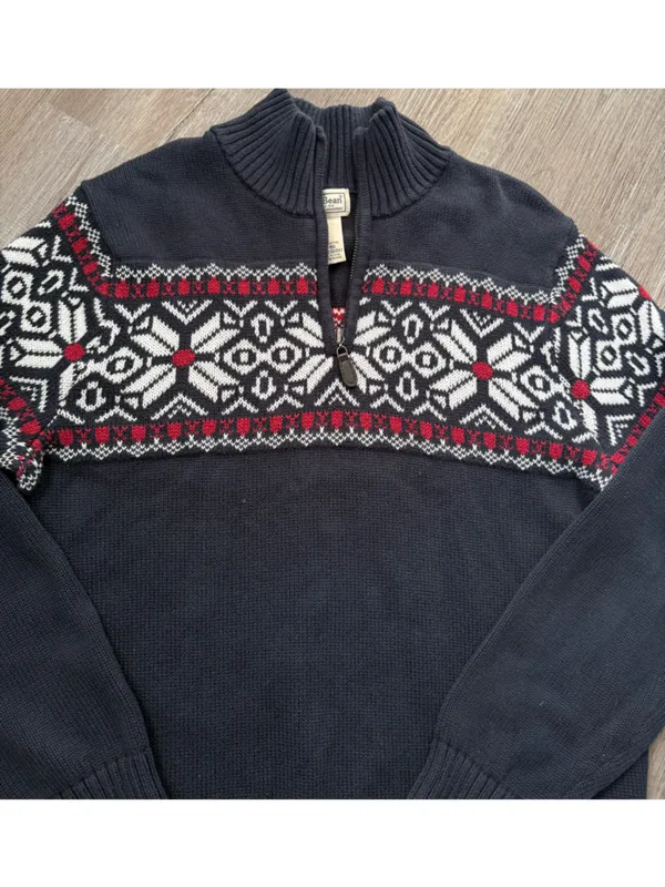 VTG L.L. Bean Cotton Quarter Zip Sweater Red White Navy Fair Isle Cottage Size M - Image 4