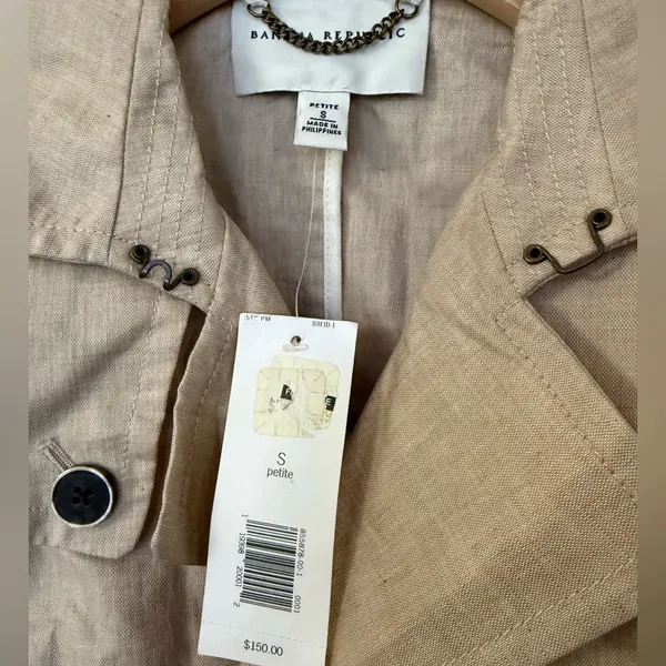 Banana Republic Linen Trench Coat Jacket Tan Size Small Petite Short Trench - Image 3