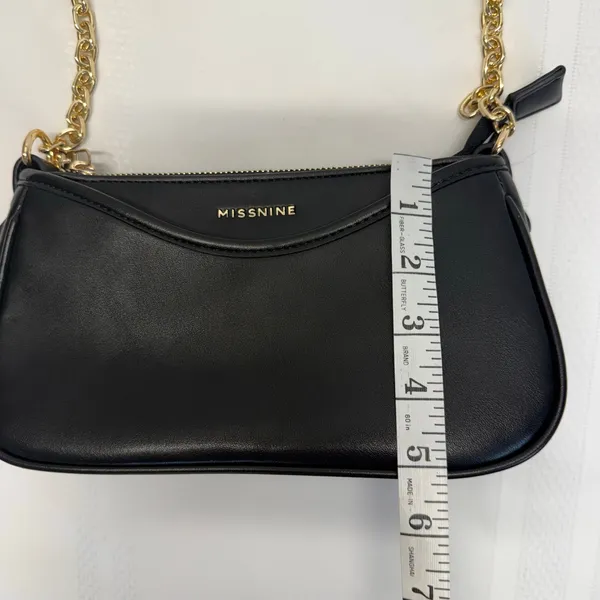 Missnine Black Shoulder Bag Mini Baguette Purse Vegan Leather Gold Chain Zip NEW - Image 7
