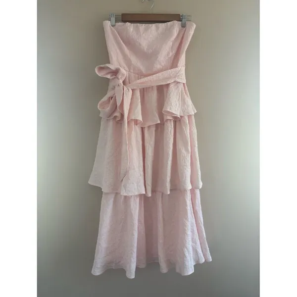 Lulus Truly Marvelous Blush Pink Jacquard Strapless Tiered Midi Dress Medium - Image 4