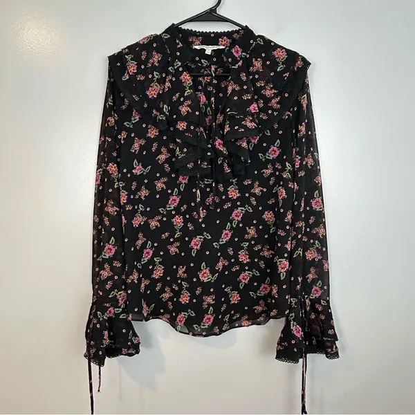 Rebecca Minkoff Devy Black/Pink Floral Ruffle Bell Sleeve Blouse Size Small - Image 4