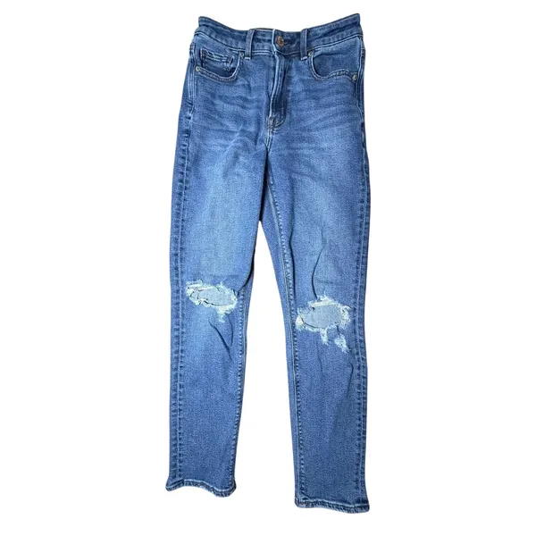 American Eagle Womens High Waisted Skinny Jeans Blue Ripped Raw Hem Size 00 Reg - Image 3