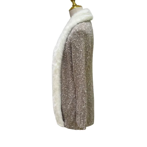 Donna Salyers Fabulous-Furs Cardigan S Tan Cream Faux Fur Trim Mob Wife Textures - Image 3