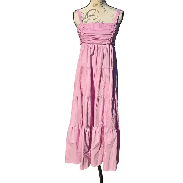Zara Pink Poplin Cotton Ruched Tiered Maxi Dress Smocked Back Womens Size Medium - Image 2