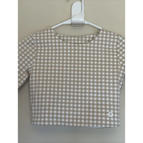 Astoria Activewear Beige Tan Gingham Check Long Sleeve Workout Gym Crop Top S - Image 4