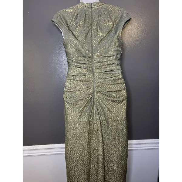Maggy London Dress Womens 4 Gold Metallic Chevron Ruched V Neck Sheath Midi - Image 6