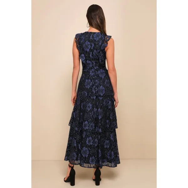 NWT Lulu's Molinetto Navy Blue Lace Ruffled Tiered Maxi Dress Size M - Image 2