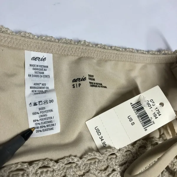 Aerie Bikini Bottom Cheeky String Ties Crochet Beige Tan S - Image 3