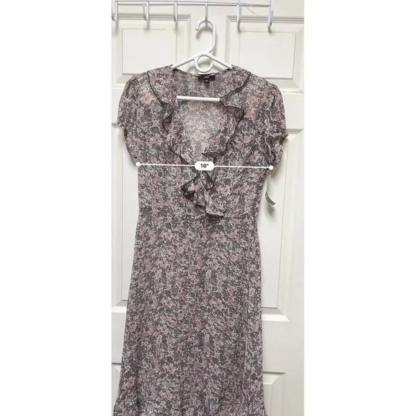 JBS Women Brown Pink Floral Ruffle V-Neck Sheer Mini Dress Size 10 NWT - Image 10