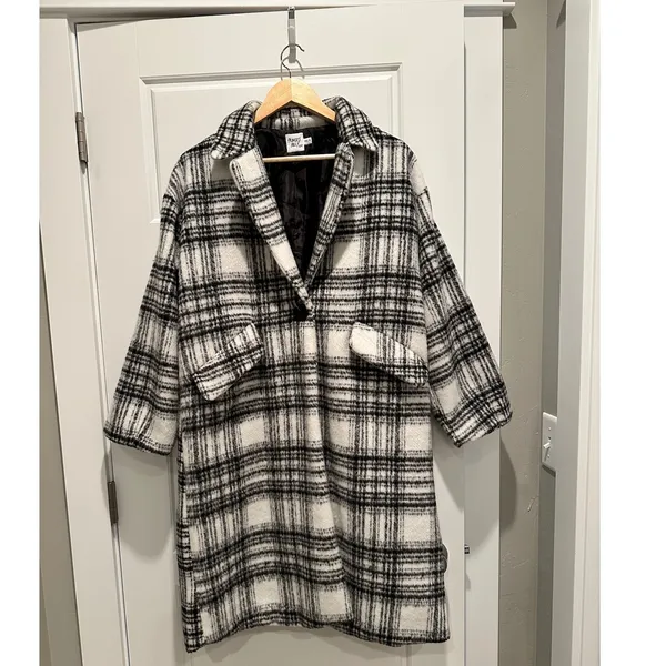 Princess Polly Eleri Plaid‎ Coat Gray White Checkered Longline Jacket XS/S - Image 2