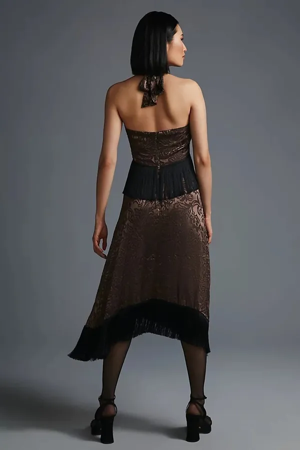 Anthropologie Brown Fringed Velvet Halter Dress - Image 2