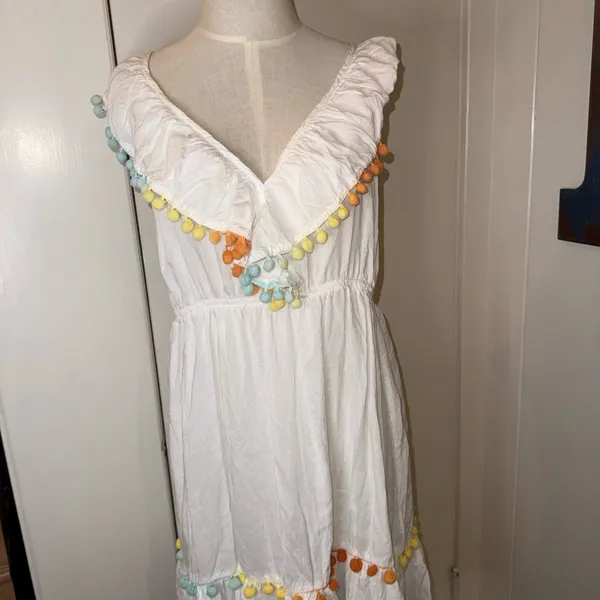 White Dress with Colorful Pom-Pom Accents perfect for Beach Sz L - Image 2