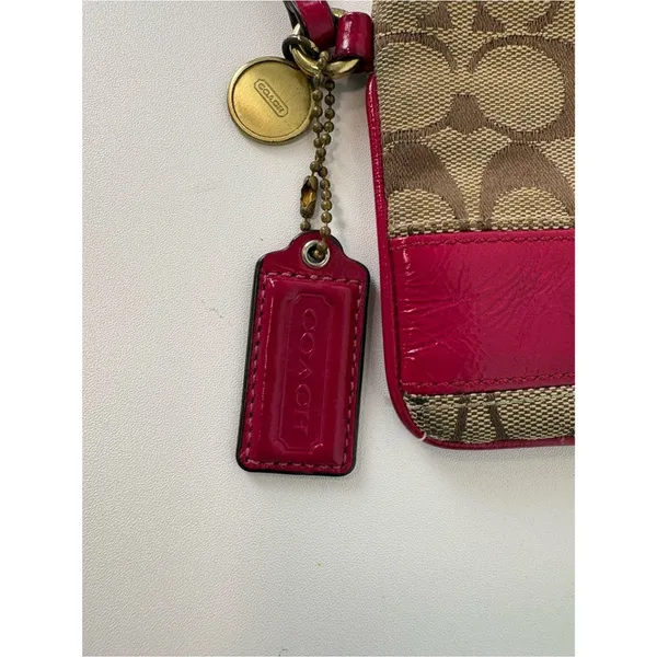 Coach Signature Stripe Wristlet Khaki Jacquard with Raspberry Pink Leather Trim - Image 5