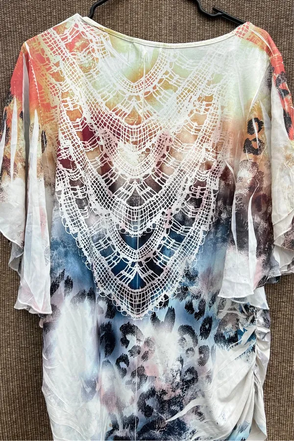 Espresso Tunic Leopard Lace Print top shirt women’s Sz L white crochet lace V-ov - Image 7