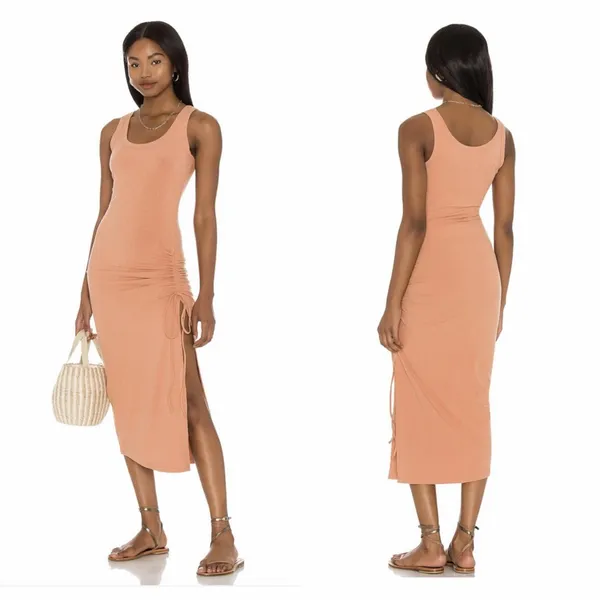 L*Space Wome’s Sandpiper Maxi Dress Sleeveless Ribbed Side Ruched Putty Orange S - Image 2