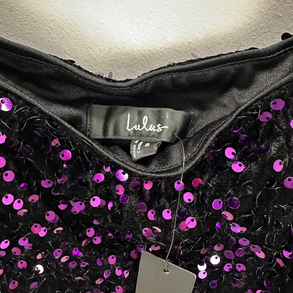 Lulus Seeing Sparkles Dark Purple Velvet Sequin Square Neck Mini Dress Small NWT - Image 7