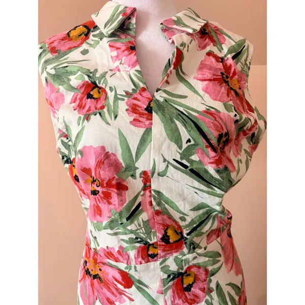 Tahari Floral Midi Dress Womens 12 Pink New Sleeveless Linen Blend Collared‎ - Image 11