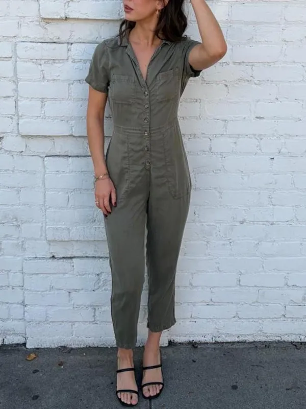 Abercrombie & Fitch olive green button front jumpsuit sz S #utility #boho #retro - Image 2