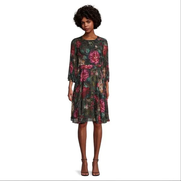 Maison Tara Dark Floral Pleated Sleeve Chiffon Fit Flare Dress Black Multi 10‎ - Image 2