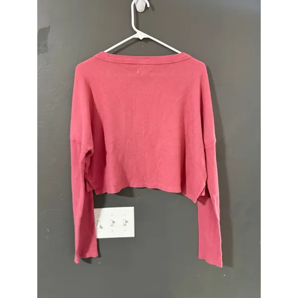Aeropostale Pink Waffle Knit‎ Cropped Henley Long Sleeve Top Medium - Image 6