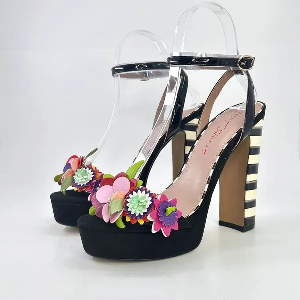 Betsey Johnson Carra Platform Heels Size 9 Black Floral Striped Cocktail Sandals - Image 3