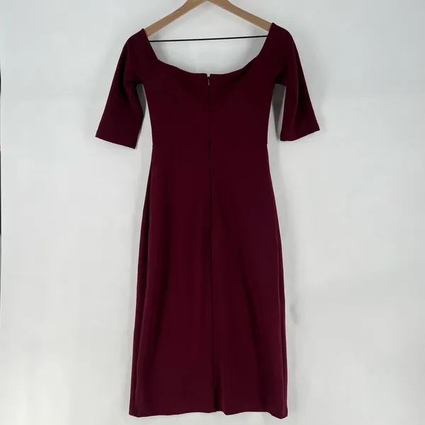 Lulus Burgundy Stretch Crepe‎ Off The Shoulder 3/4 Sleeve Faux Wrap Midi Dress - Image 9